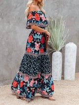 Women's long off-the-shoulder dress with floral patterns