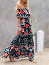 Women's long off-the-shoulder dress with floral patterns