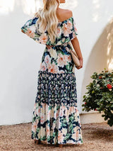 Women's long off-the-shoulder dress with floral patterns