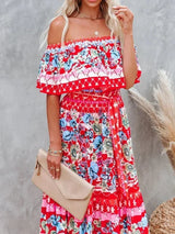 Women's long off-the-shoulder dress with floral patterns