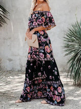 Women's long off-the-shoulder dress with floral patterns