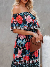 Women's long off-the-shoulder dress with floral patterns