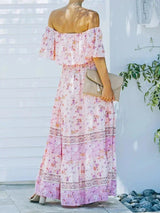 Women's long off-the-shoulder dress with floral patterns