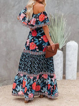 Women's long off-the-shoulder dress with floral patterns