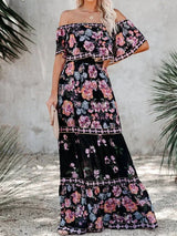 Women's long off-the-shoulder dress with floral patterns