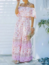Women's long off-the-shoulder dress with floral patterns