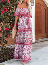 Women's long off-the-shoulder dress with floral patterns