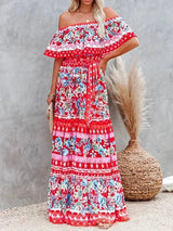 Women's long off-the-shoulder dress with floral patterns