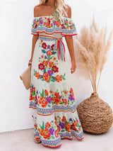 Women's long off-the-shoulder dress with floral patterns