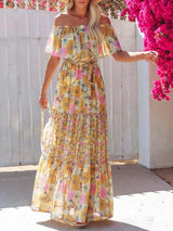 Women's long off-the-shoulder dress with floral patterns