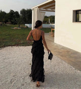 Women's long evening dress with straps and ruffles