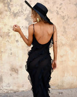 Women's long evening dress with straps and ruffles