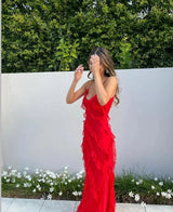 Women's long evening dress with straps and ruffles
