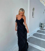 Women's long evening dress with straps and ruffles