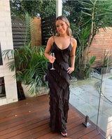Women's long evening dress with straps and ruffles