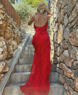 Women's long evening dress with straps and ruffles