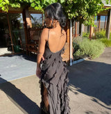 Women's long evening dress with straps and ruffles