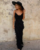 Women's long evening dress with straps and ruffles