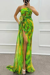 Women's long patterned evening dress with slit and straps