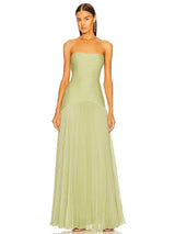 Women's long, light green, sleeveless, pleated dress
