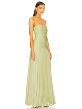 Women's long, light green, sleeveless, pleated dress