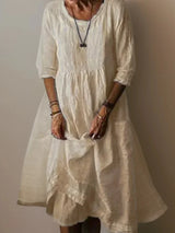 Women's long dress with ruffles, V-neck, 3/4 sleeves