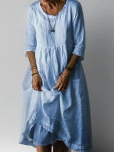 Women's long dress with ruffles, V-neck, 3/4 sleeves