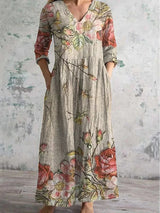 Floral print maxi dress with V-neck and 3/4 sleeves