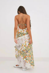 Women's long dress with lace and floral print