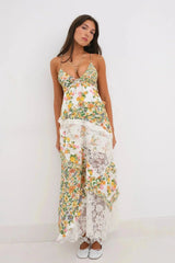 Women's long dress with lace and floral print