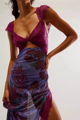 Women's floral sheer lace wrap maxi dress