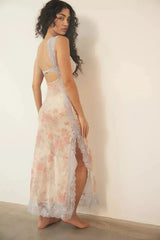 Women's floral sheer lace wrap maxi dress
