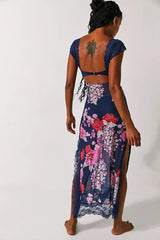 Women's floral sheer lace wrap maxi dress