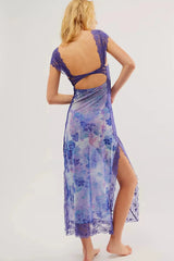 Women's floral sheer lace wrap maxi dress