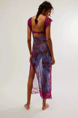 Women's floral sheer lace wrap maxi dress