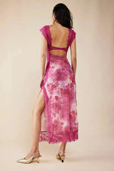 Women's floral sheer lace wrap maxi dress