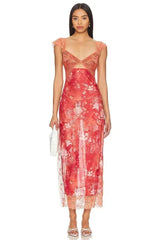 Women's floral sheer lace wrap maxi dress