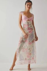 Women's floral sheer lace wrap maxi dress