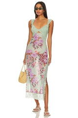 Women's floral sheer lace wrap maxi dress