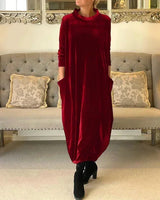 Women's loose-fitting velvet midi dress with pockets