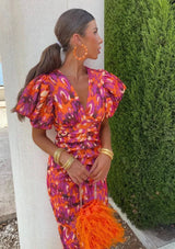 Women's midi dress with puff sleeves and V-neck