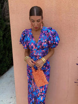 Women's midi dress with puff sleeves and V-neck