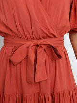 Women's belted midi dress with ruffles, V-neck, and short sleeves