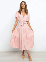 Women's belted midi dress with ruffles, V-neck, and short sleeves