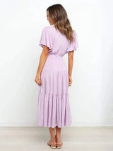 Women's belted midi dress with ruffles, V-neck, and short sleeves
