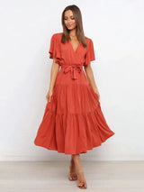 Women's belted midi dress with ruffles, V-neck, and short sleeves