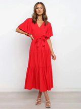 Women's belted midi dress with ruffles, V-neck, and short sleeves