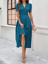 Women's midi dress with V-neck and puff sleeves