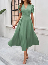 Women's midi dress with V-neck and puff sleeves