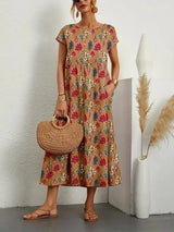 Women's midi dress in floral print cotton with pockets